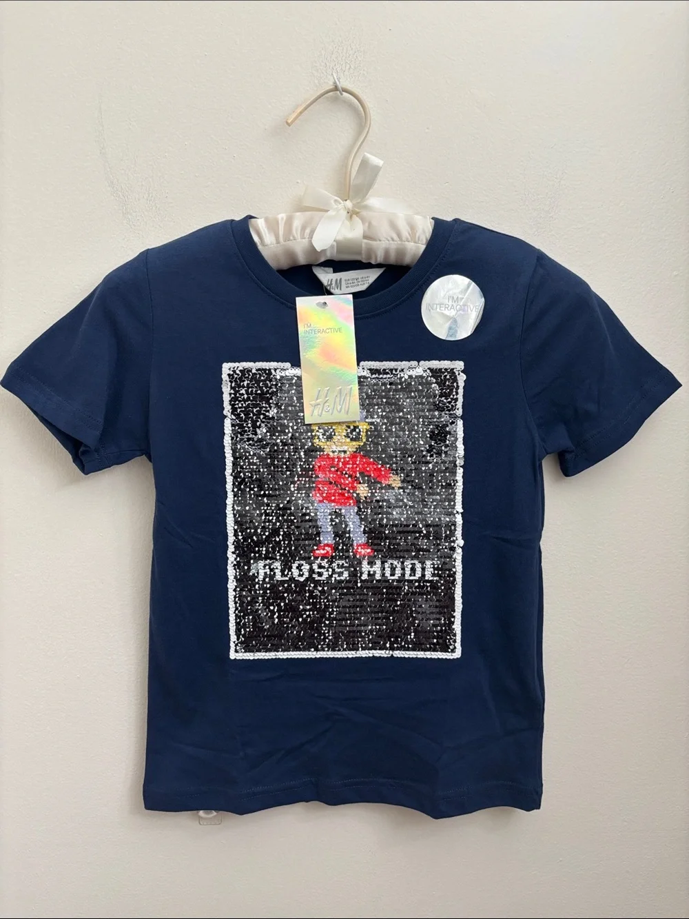 H&M Navy Reversible Sequin 'Floss Mode' Short Sleeve Tee